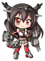  1girl bare_shoulders blush brown_gloves brown_hair chibi chibi_only clenched_hand closed_mouth commentary_request double-parted_bangs elbow_gloves fingerless_gloves full_body gloves grey_hairband grey_shoes hair_between_eyes hairband hand_on_own_hip kantai_collection long_hair looking_at_viewer miniskirt nagato_(kancolle) pleated_skirt red_eyes red_thighhighs rigging shinjitsu shirt shoes simple_background skirt sleeveless sleeveless_shirt smile solo standing thigh-highs white_background white_shirt white_skirt zettai_ryouiki 