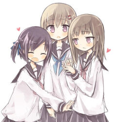  3girls amakaze_sora black_hair black_sailor_collar black_skirt blue_neckerchief blush brown_hair closed_eyes closed_mouth girl_sandwich hair_ornament hairclip heart long_hair multiple_girls neckerchief open_mouth original parted_lips pink_neckerchief pleated_skirt sailor_collar sandwiched school_uniform serafuku shirt simple_background skirt violet_eyes wavy_mouth white_background white_shirt yuri 