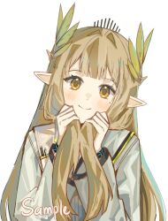  1girl arknights coat commission elf hair_ornament highres holding_own_hair infection_monitor_(arknights) long_hair looking_at_viewer mole mole_under_eye muelsyse_(arknights) pointy_ears rep120105 sample_watermark smile solo watermark white_background yellow_eyes 