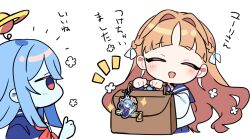  2girls :d bag bag_charm blonde_hair blue_hair blue_sailor_collar blue_shirt blue_skin blunt_bangs blush charm_(object) chibi chibi_only closed_eyes colored_skin commentary_request cropped_torso hair_intakes highres holding holding_bag kanyoko_(yuzukano_17) long_hair long_sleeves multiple_girls neckerchief notice_lines open_mouth original parted_bangs red_eyes red_neckerchief sailor_collar school_uniform serafuku shirt simple_background smile translation_request white_background white_shirt 