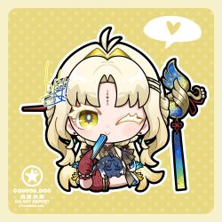  1girl animalization antenna_hair artist_logo blonde_hair closed_mouth commentary_request dog-san folded_fan folding_fan gloves hair_intakes hair_ornament hand_fan heart highres holding holding_fan logo long_hair looking_at_viewer one_eye_closed parted_bangs red_gloves smile solo spoken_heart suisui_(wuthering_waves) tacet_mark_(wuthering_waves) wuthering_waves yangyang_(wuthering_waves) yangyang_(xuanling)_(wuthering_waves) yellow_eyes 