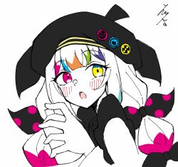  1girl beret black_hat blush bow colored_tips commentary_request hair_bow hat hawk1527e heterochromia highres holding holding_spray_can jogasaki_noah long_hair looking_at_viewer mahou_shoujo_no_majo_saiban multi-tied_hair multicolored_eyes multicolored_hair open_mouth polka_dot polka_dot_bow portrait red_eyes ribbon signature simple_background solo spray_can streaked_hair white_background white_hair yellow_eyes 