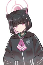  1girl absurdres animal_ears black_choker black_hair black_jacket blue_archive blush cat_ears cat_girl choker closed_mouth colored_inner_animal_ears colored_inner_hair commentary extra_ears green_sailor_collar halo hands_in_pockets highres jacket kazusa_(blue_archive) multicolored_hair neckerchief pink_eyes pink_hair pink_halo pink_neckerchief sailor_collar short_hair solo sweatdrop topgu two-tone_hair 