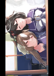  2girls absurdres animal_ears black_hair bow bowtie brown_hair bus_interior closed_mouth commentary_request ear_ornament emr_bc hair_ornament highres horse_ears horse_girl kitasan_black_(umamusume) leaning_on_person long_hair long_sleeves medium_hair multicolored_hair multiple_girls pillarboxed purple_sailor_collar purple_shirt sailor_collar satono_diamond_(umamusume) shirt sideways streaked_hair umamusume upper_body white_bow white_bowtie white_streaks 