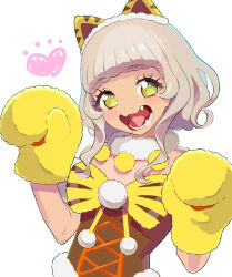  1girl animal_ear_hairband animal_ears animal_hands brown_dress collar commentary_request detached_collar dress fake_animal_ears frilled_dress frilled_hairband frills fur_collar fur_gloves gloves green_eyes grey_hair hairband moudoku_(decopon3rd) open_mouth paw_gloves pretty_series pripara saliva sharp_teeth short_hair sidelocks simple_background smile solo strapless strapless_dress taiyo_pepper tan teeth tiger_ears tongue upper_body white_background white_collar yellow_gloves 