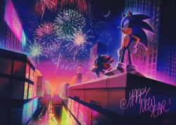  2boys aerial_fireworks animal_ears animal_nose back bird black_fur black_sky blue_fur blue_sky building city city_lights cityscape closed_mouth clouds commentary crescent_moon english_commentary evening fireworks flying full_body furry furry_male gloves gradient_sky green_eyes hand_on_own_hip hand_up happy_new_year hedgehog_boy highres looking_to_the_side looking_up male_focus moon multiple_boys neon_lights new_year night orange_sky outdoors pink_sky purple_sky red_eyes red_fur red_shoes road shadow shadow_the_hedgehog shoes sky skyscraper smile sneakers socks sonic_(series) sonic_the_hedgehog spacecolonie standing star_(sky) starry_sky street sunset tail two-tone_fur white_gloves white_socks 