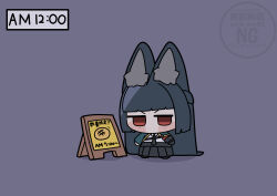  1girl absurdres animal_ear_fluff animal_ears aqua_jacket black_hair black_necktie black_skirt bread chibi commentary_request food fox_ears fox_girl full_body grey_background highres hoshimi_miyabi jacket long_hair melon_bread necktie night red_eyes shinonome_nashi shirt skirt solo white_shirt zenless_zone_zero 