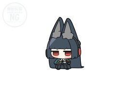  1girl absurdres animal_ear_fluff animal_ears aqua_jacket black_hair black_necktie black_skirt chibi commentary_request fox_ears fox_girl full_body headphones highres hoshimi_miyabi jacket long_hair necktie red_eyes shinonome_nashi shirt skirt solo white_background white_shirt zenless_zone_zero 