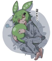  1girl bags_under_eyes barefoot commentary_request datemegane drooling full_body grey_pants grey_shirt hair_ornament hairclip half-closed_eyes highres long_hair long_sleeves lying on_side open_mouth pajamas pants pea_pod shirt solo squeans very_long_hair voiceroid voicevox yellow_eyes zundamon 
