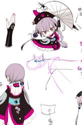  1girl cherry_blossom_print chinese_clothes commentary_request dress fan_lit_fan_(mahoiku) floral_print flower_ornament frilled_dress frilled_sleeves frills hair_ornament hand_fan hat holding holding_fan lolita_fashion magical_girl mahou_shoujo_ikusei_keikaku mahou_shoujo_ikusei_keikaku_f2p maruino purple_hair qi_lolita red_eyes reference_sheet short_hair tassel 