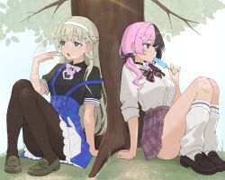  breasts brown_hair chuckeyeroll298 commentary_request hanabusa_lisa hanabusa_lisa_(5th_costume) highres large_breasts long_hair miniskirt pink_hair popped_collar school_uniform skirt tachibana_hinano tachibana_hinano_(school_uniform) tree under_tree violet_eyes virtual_youtuber vspo! 