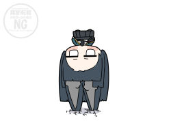  1girl absurdres animal_ear_fluff animal_ears black_hair black_necktie black_skirt blunt_bangs blunt_ends blush_stickers capelet chibi commentary_request fox_ears fox_girl green_capelet highres holding hoshimi_miyabi jitome long_hair necktie no_mouth pleated_skirt red_eyes shinonome_nashi shirt simple_background skirt solo upside-down very_long_ears very_long_hair watermark white_background white_shirt zenless_zone_zero 