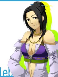  bare_shoulders black_hair breasts cleavage dark_skin detached_sleeves female final_fantasy final_fantasy_xiii hair_ornament highres iwao lebreau long_hair midriff ponytail solo unzipped 