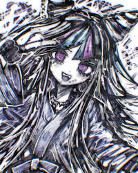  1girl :d @_@ black_hair black_scrunchie commentary_request danganronpa_(series) danganronpa_2:_goodbye_despair fangs hair_horns highres long_hair long_sleeves mioda_ibuki pink_eyes saliva scrunchie smile solo teeth tsukihi_shida upper_body upper_teeth_only white_background white_hair wrist_scrunchie 