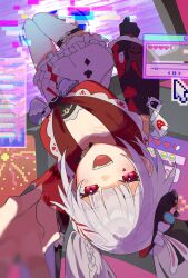  1girl black_hat braid breasts card club_(shape) commentary_request cursor desktop_(computing) diamond_(shape) diamond_facial_mark facial_mark hat hat_ornament heart heart_facial_mark highres honkai:_star_rail honkai_(series) japanese_clothes kimono light_blush long_hair looking_at_viewer lying mark_under_both_eyes medium_breasts mini_hat mini_top_hat multicolored_hair on_back open_mouth playing_card rabbit_hat_ornament red_eyes red_kimono red_streaks riu_twilight25 skirt smile solo sparkle_(honkai:_star_rail) sparxie_(honkai:_star_rail) streaked_hair teeth top_hat twintails upper_teeth_only upside-down white_hair white_skirt 