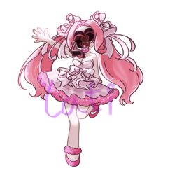 1girl alien_stage ankle_scrunchie bow commentary_request deformed dress dress_bow full_body hair_bow heart highres korean_commentary lati122226 leg_up microphone mizi_(alien_stage) mizi_(zombie_stage) multiple_hair_bows open_mouth pink_bow pink_dress pink_scrunchie pink_shoes scrunchie shoes signature smile solo strapless strapless_dress twintails waving white_background zombie_stage 