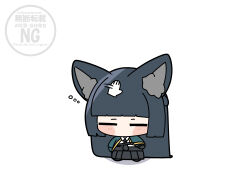  1girl 1other absurdres animal_ear_fluff animal_ears aqua_jacket black_hair black_necktie black_skirt chibi closed_eyes commentary_request fox_ears fox_girl full_body headpat highres hoshimi_miyabi jacket long_hair necktie shinonome_nashi shirt skirt solo white_background white_shirt zenless_zone_zero 