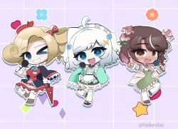  3girls ahoge blonde_hair blue_eyes bow braid brown_hair chibi colored_inner_hair curled_ends dark-skinned_female dark_skin densetsu.exe dress drill_hair drill_ponytail flower gloves green_dress grin hair_bow hair_flower hair_ornament heart heikevbo holding holding_microphone looking_at_viewer maid_headdress microphone mint_fantome multicolored_hair multiple_girls one_eye_closed open_mouth phoebe_(vtuber) pink_eyes pink_flower pointing polka_dot polka_dot_bow polka_dot_dress red_vest short_hair smile star_(symbol) thigh-highs triangular_headpiece vest victoria_roman virtual_youtuber white_gloves white_hair white_thighhighs x_hair_ornament yellow_eyes 