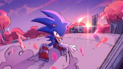  1boy animal_ears animal_nose blue_fur building clouds commentary commentary_request furry furry_male gloves green_eyes hachuart hatching_(texture) hedgehog hedgehog_boy highres looking_at_viewer male_focus outdoors petals pillar purple_sky red_shoes road shoes sky smile solo sonic_(series) sonic_the_hedgehog sonic_unleashed sun sunset tree white_gloves wing_ornament 