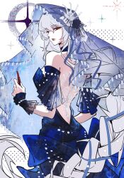  1girl alternate_costume arknights backless_dress backless_outfit bare_shoulders blue_dress blue_veil braid chinese_commentary commentary_request cosmetics cowboy_shot detached_sleeves dress from_behind grey_hair highres holding holding_lipstick_tube lipstick_tube long_hair looking_at_viewer looking_back parted_lips red_eyes red_lips shi_la_ban_de_qizi solo sparkle specter_(arknights) specter_the_unchained_(arknights) standing veil very_long_hair wrist_cuffs 