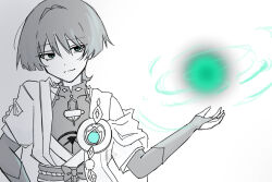  1boy aqua_eyes aqua_gem arm_at_side armor belt blunt_ends bodysuit bow bridal_gauntlets choppy_bangs closed_mouth covered_collarbone ellypwakame316 feathers gem genshin_impact greyscale hair_intakes hand_up japanese_armor japanese_clothes juban kimono kote layered_sleeves male_focus mandarin_collar middle_ring monochrome open_clothes open_hand open_kimono parted_lips pom_pom_(clothes) rope sash scaramouche_(genshin_impact) short_sleeves shoulder_peek side_cape signature smirk solo spot_color tsurime upper_body vision_(genshin_impact) wanderer_(genshin_impact) white_background 