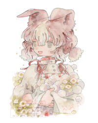  1girl animal_ears apron blush_stickers brown_hair buttons commentary_request cropped_torso dog_ears fang flower frills green_eyes hair_between_eyes high_collar highres multicolored_hair mura_(yoshishi_ff) open_mouth original painting_(medium) plaid_apron plaid_clothes puffy_sleeves red_apron red_ribbon ribbon shirt short_twintails smile solo tareme three-quarter_sleeves traditional_media twintails two-tone_hair watercolor_(medium) watermark white_flower white_hair white_shirt 