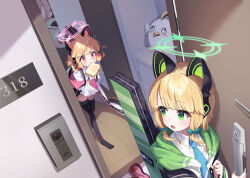  2girls animal_ear_headphones animal_ears black_skirt black_thighhighs blonde_hair blue_archive blue_bow blue_necktie blunt_bangs bow bread bread_slice cat_ear_headphones cat_ears coat collared_shirt commentary_request fake_animal_ears food food_in_mouth green_eyes green_halo hair_bow halo headphones highres indoors midori_(blue_archive) miniskirt momoi_(blue_archive) mouth_hold multiple_girls necktie onakkasuita open_clothes open_coat open_mouth pink_eyes pink_halo red_bow shirt sidelocks skirt thigh-highs toast toast_in_mouth v-shaped_eyebrows white_shirt 