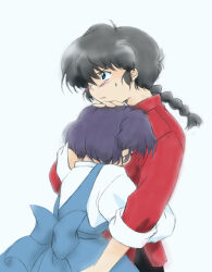  1boy 1girl black_hair blue_dress blue_eyes blue_hair braid closed_mouth commentary_request dress fuurinkan_high_school_uniform hetero hug morie ranma_1/2 saotome_ranma saotome_ranma_(male) school_uniform short_hair single_braid tendou_akane white_background 