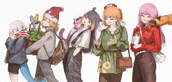  6+girls absurdres advarcher alternate_costume bag basket belt bird black_gloves black_pants black_shorts blonde_hair blue_eyes blue_jacket blue_streaks blunt_bangs breasts cat closed_eyes closed_mouth commentary cup earrings fingerless_gloves fins fish_tail gawr_gura gigi_murin gigi_murin_(1st_costume) gloves gradient_hair green_jacket grey_hair grey_pants grey_shirt grin hair_ornament handbag hands_in_pockets hat highres holding holding_basket holding_cup hololive hololive_english jacket jewelry long_hair long_sleeves mole mole_under_eye mori_calliope multicolored_hair multiple_girls ninomae_ina'nis open_mouth orange_hair pants pink_eyes pink_hair pointy_ears purple_hair red_eyes red_shirt scarf shark_girl shark_tail shirt short_hair shorts sidelocks smile streaked_hair suspenders tail takanashi_kiara teeth tentacle_hair two_side_up virtual_youtuber watson_amelia white_belt white_shirt 