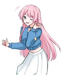  1girl bang_dream! bang_dream!_it's_mygo!!!!! black_choker blue_jacket blush chihaya_anon choker closed_mouth fang grey_eyes hand_up highres jacket long_hair long_sleeves midriff navel open_mouth pink_hair skirt solo teeth upper_teeth_only violet_eyes white_skirt zangemiya 