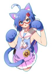  1girl absurdres ahoge animal_ear_fluff animal_ears animal_hands ascot bare_shoulders blue_eyes blue_gloves blue_hair blue_outline blue_shirt blush cat_ears cat_tail collarbone commentary_request cropped_legs datemegane gloves gradient_clothes gradient_shirt hair_ornament hairclip hands_up highres kemonomimi_mode looking_at_viewer miniskirt open_mouth otomachi_una outline parallel_hairclips paw_gloves paw_pose pink_skirt pleated_skirt red-framed_eyewear sailor_collar semi-rimless_eyewear shirt short_hair simple_background skirt sleeveless sleeveless_shirt solo tail under-rim_eyewear voiceroid white_ascot white_background white_sailor_collar 
