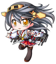  1girl bare_shoulders blush boots brown_boots chibi chibi_only commentary_request detached_sleeves double-parted_bangs full_body gold_hairband grey_hair hair_between_eyes hairband hakama hakama_short_skirt hakama_skirt haruna_(kancolle) japanese_clothes kantai_collection kimono long_hair long_sleeves open_mouth red_hakama ribbon-trimmed_sleeves ribbon_trim rigging shinjitsu simple_background skirt sleeveless sleeveless_kimono solo standing standing_on_one_leg thigh_boots white_background white_kimono white_sleeves wide_sleeves yellow_eyes 