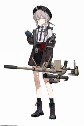  1girl absurdres ahoge ankle_socks astg backpack bag beret bipod black_boots black_gloves black_hat black_necktie black_skirt black_socks blunt_bangs bolt_action boots breast_pocket brown_jacket chest_strap cheyanne_(girls'_frontline_2) cheytac_m200 closed_mouth collared_shirt commentary double-parted_bangs dress_shirt english_commentary flat_chest frown full_body girls'_frontline_2:_exilium girls_frontline gloves grey_hair gun hair_between_eyes hair_tie harness hat high-waist_skirt highres holding holding_gun holding_phone holding_weapon id_card jacket jacket_partially_removed knees laser_sight long_hair long_sleeves looking_at_viewer low_ponytail m200_(girls'_frontline) magazine_(weapon) miniskirt muzzle_device necktie official_artist_extra open_clothes open_jacket phone pink_eyes pleated_skirt pocket ponytail radio_antenna rifle scope shirt shirt_tucked_in shoelaces sidelocks sideways_glance simple_background skinny skirt sniper_rifle socks solo standing tachi-e thighs walkie-talkie weapon white_background white_shirt 