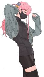  1girl black_mask black_shirt black_shorts black_thighhighs bocchi_the_rock! breasts commentary_request cowboy_shot cube_hair_ornament from_side gotoh_hitori grey_jacket hair_between_eyes hair_ornament hands_up highres jacket long_hair mask mentos_pepsi mouth_mask pink_hair shirt shorts side_ahoge simple_background sleeves_past_wrists small_breasts solo thigh-highs white_background zettai_ryouiki 