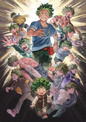  1boy absurdres age_comparison age_progression aged_down all_might aqua_bodysuit aqua_gloves arm_cast backpack bag bandaged_arm bandaged_wrist bandages belt belt_pouch bent_over black_background black_eyes black_jacket black_pants black_shorts black_whip_(boku_no_hero_academia) blazer blue_jumpsuit blue_pants blue_shirt bodysuit boku_no_hero_academia bright_pupils brown_vest buttons cape cast character_print child clenched_hand clenched_teeth clothes_writing collared_shirt commentary_request crew_neck cropped_legs cropped_torso cross-eyed cross-laced_shoes crying dirty dirty_clothes dirty_face down_vest electricity eye_trail floating_hair flying_teardrops freckles fringe_trim full_body furrowed_brow gakuran gloves glowing_veins green_hair grey_jacket grey_mask grey_shirt grimace hands_up high_collar highres jacket jumpsuit light_trail long_sleeves looking_ahead male_focus mask mask_around_neck metal_mask midoriya_izuku mouth_mask multicolored_scarf multiple_views naruto_run nebikkurishita no_nipples no_pupils open_hand open_mouth outer_glow outstretched_arm outstretched_hand pants partial_commentary peanut_mouth pocket pouch print_shirt profile red_belt red_shoes round_teeth running scared scarf school_uniform scratches serious shirt shoes short_hair short_sleeves shorts single_glove single_vertical_stripe sneakers spoilers striped_clothes striped_scarf sweat t-shirt teeth topless_male torn_bodysuit torn_cape torn_clothes track_jacket tsurime u.a._gym_uniform u.a._school_uniform uneven_eyes unused_tire upper_teeth_only utility_belt v-shaped_eyebrows vertical-striped_clothes vertical-striped_jumpsuit vertical-striped_scarf vest white_background white_gloves white_pupils white_shirt wide-eyed yellow_background yellow_bag yellow_cape 