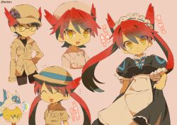  ... 1boy 1girl :d apron black_dress blonde_hair blue_ribbon bright_pupils brown_hat brown_jacket closed_eyes closed_mouth collared_jacket commentary_request dress emerald_(pokemon) eyelashes glasses hair_between_eyes hand_on_own_hip hat holding_own_dress jacket latias latias_(human)_(pokemon_adventures) long_hair long_sleeves maid maid_headdress multiple_views neck_ribbon notice_lines nurse_cap official_alternate_costume open_mouth personification pink_background pokemon pokemon_(creature) pokemon_adventures red_eyes red_hair ribbon round_eyewear shared_speech_bubble short_hair slit_pupils smile speech_bubble spoken_ellipsis tokuura translation_request twintails twitter_username white_apron white_headdress white_pupils yellow_eyes 