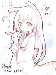  1girl 2011 amakaze_sora animal animal_ears blush chinese_zodiac crescent happy_new_year holding holding_animal japanese_clothes kimono long_hair long_sleeves original parted_lips pink_eyes rabbit rabbit_ears solo very_long_hair white_hair white_kimono wide_sleeves year_of_the_rabbit 