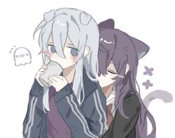  >_< 2girls animal_ears asahina_mafuyu black_jacket blue_eyes blue_jacket blush blush_stickers cat_ears cat_girl cat_tail closed_eyes closed_mouth commentary covered_mouth cup dog_ears dog_girl doodle_inset droopy_ears facing_another flower_symbol flying_sweatdrops front-to-back grey_hair grey_shirt hair_between_eyes hands_up highres holding holding_cup jacket kemonomimi_mode leaning_on_person lililizizi3 long_hair long_sleeves looking_at_another looking_back miyamasuzaka_girls'_academy_school_uniform multiple_girls nose_blush one_eye_covered open_clothes open_jacket project_sekai purple_hair purple_shirt sailor_collar sailor_shirt school_uniform shirt simple_background single_blush_sticker tail track_jacket upper_body white_background white_sailor_collar yoisaki_kanade yuri 