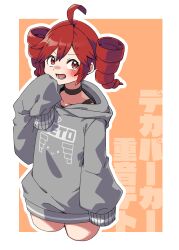  1girl ahoge alternate_costume arm_at_side black_choker border choker commentary_request cowboy_shot cropped_legs datemegane drill_hair grey_sweater hair_between_eyes hand_up highres kasane_teto looking_at_viewer lower_teeth_only orange_background print_sweater red_eyes red_hair sleeves_past_fingers sleeves_past_wrists solo sweater teeth tongue twin_drills utau white_border 