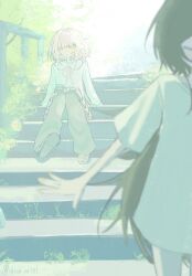  2girls backlighting black_hair blurry blurry_foreground chisa_(chisa_art01) commentary_request day depth_of_field empty_eyes frills half-closed_eyes highres long_hair long_sleeves looking_at_viewer medium_hair multiple_girls neck_ribbon original outdoors pants pink_eyes pink_hair ribbon shirt shoes sitting sitting_on_stairs solo_focus stairs sunlight twitter_username white_shirt 