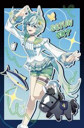  1girl absurdres animal_ears black_border blue_eyes border breasts brown_choker bug butterfly character_name choker creature_and_personification ear_covers fish flower green_sailor_collar green_shorts grey_hair hair_between_eyes hair_flower hair_ornament hairclip highres horse horse_ears horse_girl horse_tail long_sleeves looking_at_viewer open_mouth personification real_life riori sailor_collar seiun_sky_(racehorse) seiun_sky_(reeling_in_the_big_one)_(umamusume) seiun_sky_(umamusume) shirt short_hair shorts single_ear_cover small_breasts smile sunflower sunflower_hair_ornament tail teeth thigh_strap umamusume 