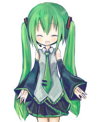  1girl :d ^_^ amakaze_sora bare_shoulders black_skirt black_sleeves closed_eyes collared_shirt cowboy_shot detached_sleeves facing_viewer green_hair green_necktie grey_shirt hatsune_miku headset long_sleeves necktie pleated_skirt shirt simple_background skirt sleeveless sleeveless_shirt sleeves_past_wrists smile solo tie_clip twintails vocaloid white_background wide_sleeves 