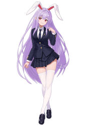  1girl :3 absurdres animal_ears black_jacket black_necktie black_shoes blazer breasts closed_mouth collared_shirt commentary_request crescent crescent_pin highres jacket large_breasts loafers long_hair long_sleeves looking_at_viewer necktie pink_skirt pleated_skirt purple_hair rabbit_ears rabbit_girl rabbit_tail red_eyes reisen_udongein_inaba shirt shoes simple_background skirt smile solo tail thigh-highs tinatama touhou very_long_hair white_background white_shirt white_thighhighs 