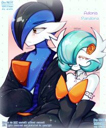  1boy 1girl alternate_color artist_name black_dress black_gloves blue_hair bob_cut closed_eyes clothed_pokemon colored_skin commentary dress elbow_gloves english_commentary flower gallade gardevoir gloves hair_flower hair_ornament hair_over_one_eye highres mega_gardevoir mega_pokemon orange_eyes pokemon pokemon_(creature) shiny_pokemon smile sparkle strapless strapless_dress tanukipupp watermark white_skin 