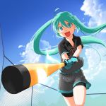  1girl :d ahoge aira_(exp) bat belt clouds fence foreshortening gloves green_eyes green_hair hatsune_miku highres long_hair musical_note open_mouth short sky smile solo twintails very_long_hair vocaloid 