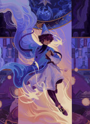  1girl agott_arklaum_(tongari_boushi_no_atelier) black_pants black_shoes blue_cloak book cloak commentary curly_hair dress english_commentary hat highres holding holding_book pants shoes short_hair solo spearmintaii tongari_boushi_no_atelier white_dress wizard_hat 