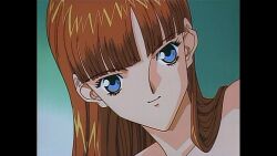  1990s_(style) 1girl anime_coloring anime_screenshot bare_shoulders black_border blue_eyes blunt_bangs border brown_hair close-up eyelashes head_tilt hen_(manga) highres long_hair looking_at_viewer non-web_source parted_lips portrait retro_artstyle simple_background smile solo straight_hair upper_body yoshida_chizuru_(hen) 