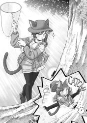  ! 1girl :3 :d animal_ears animal_nose bug butterfly_net cat_ears cat_girl cat_tail collarbone commentary_request ears_through_headwear furry furry_female greyscale hair_ornament hand_net hat highres jacket katsumata_hiroki long_sleeves mimi_(akiko_oc) monochrome motion_lines original pantyhose rhinoceros_beetle shorts smile sparkle spoken_exclamation_mark tail tree v-shaped_eyebrows x_hair_ornament 