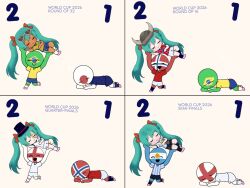  2026_fifa_world_cup 4girls 6+boys aqua_eyes aqua_hair argentinian_miku brazilian_miku brazilian_national_soccer_team_uniform carrying carrying_person closed_eyes commentary dark-skinned_female dark_skin defeat english_commentary english_miku english_national_soccer_team_uniform english_text eyewear_on_head hat hatsune_miku hatsune_miku_world_cup_custody_battle_(meme) highres japanese_national_soccer_team_uniform long_hair masaco000 meme monocle multiple_boys multiple_girls norwegian_miku norwegian_national_soccer_team_uniform simple_background smile soccer_uniform sportswear sunglasses top_hat twintails world_cup yarm_helmet 