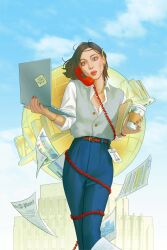 1girl belt blue_eyes blue_pants brown_belt brown_hair collared_shirt computer cup day dc_comics disposable_cup grey_vest highres holding holding_cup holding_laptop laptop lois_lane looking_at_viewer outdoors pants paper red_nails scott_forbes shirt short_hair solo superman_(series) vest white_shirt 